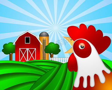 田鸡肉摄影照片_绿色牧场上的公鸡与带粮仓的红色谷仓