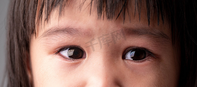 孩子眼睛摄影照片_孩子半张脸的画像，带着悲伤和哭泣的表情。
