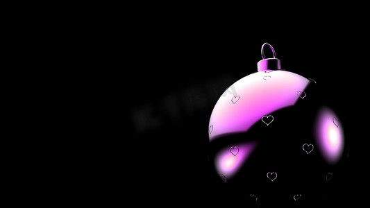 黑色背景上带有心形图案的圣诞紫色球，圣诞树的彩色圣诞球，3d 渲染图，圣诞假期卡背景，情人节爱情卡通围巾