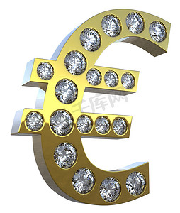 3d货币符号摄影照片_镶有钻石的 3D 欧元符号