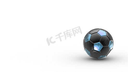 足球联赛展板摄影照片_孤立在白色背景上的蓝色和黑色足球金属球。