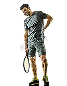 成熟的网球运动员男子身体疼痛伤害孤立的白色背景