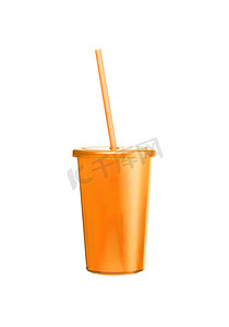 白色背景上带细管的橙色塑料玻璃