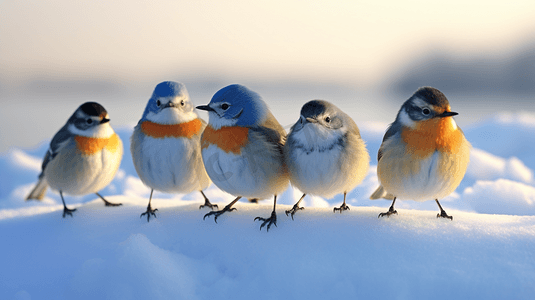积雪覆盖摄影照片_一群鸟站在积雪覆盖的地面上