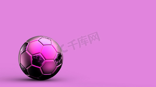 足球联赛展板摄影照片_粉色和黑色足球金属球隔离在彩色背景上。