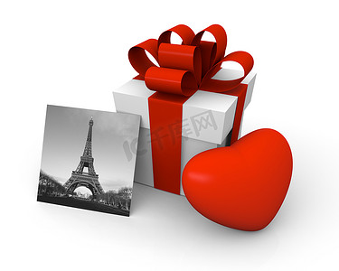 有大红色心脏和艾菲尔铁塔的情人节礼物盒