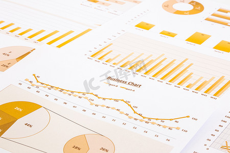 商业课程简介摄影照片_黄色商业图表、图表、报告和总结背景