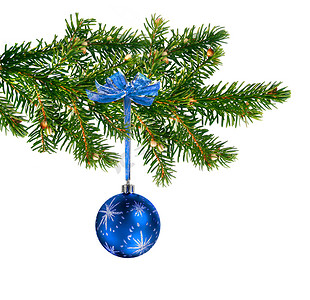 哑光圣诞球摄影照片_圣诞树上的蓝色玻璃球