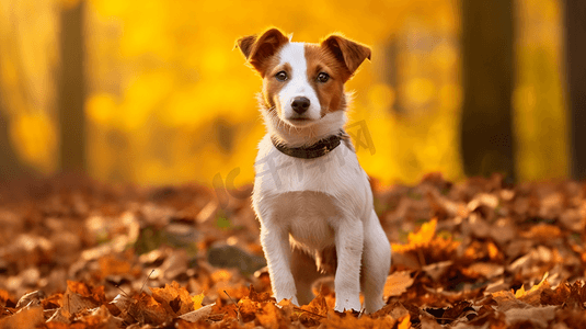 树叶一片摄影照片_一只棕色和白色相间的狗站在一片树叶覆盖的地面上