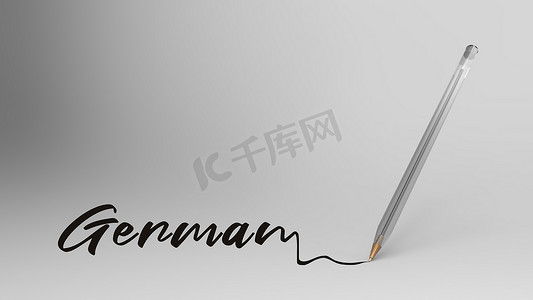 用透明塑料圆珠笔在白色背景上用书法书写的德语、德语单词，bic，3d 插图渲染高清。