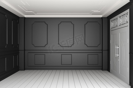 黑墙摄影照片_白色木地板上有黑墙的空荡荡的豪华室内