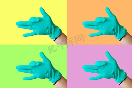 蓝色运营摄影照片_在医学主题的彩色背景上拼贴：一只戴着蓝色乳胶手套的女性手做出类似于张开嘴的狗脸的手势。