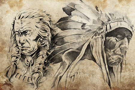 美国印第安战士纹身素描