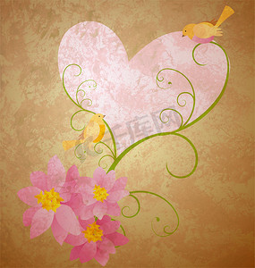 可爱小鸟装饰摄影照片_小鸟喜欢粉红色的花朵和心形垃圾插画