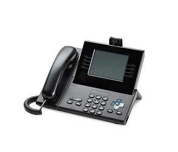 ip摄影照片_带有 LCD 显示屏的办公室 IP 电话机在白色上隔离