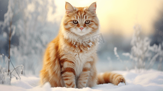 坐在雪地里摄影照片_一只橙色和白色相间的猫坐在雪地里