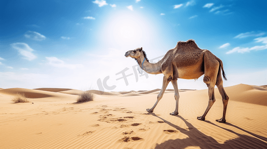 一只在沙漠中行走的骆驼，背景是蓝天