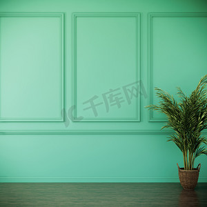 现代室内背景中带树的绿墙、客厅、3D 渲染图