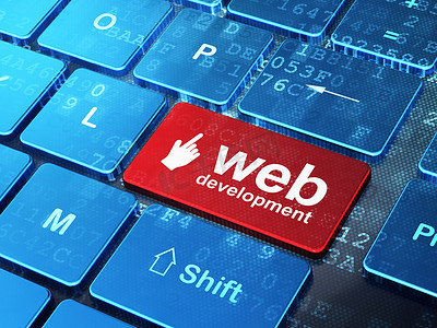 Web 开发概念：计算机键盘背景上的鼠标光标和 Web 开发