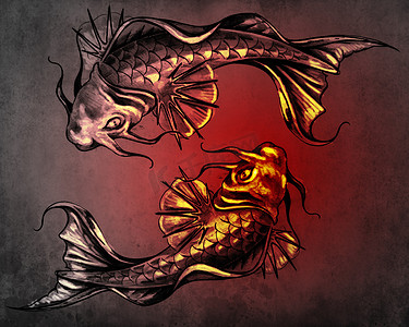 日本元素摄影照片_二元性概念纹身，蓝色复古 b 上的两条日本金鱼