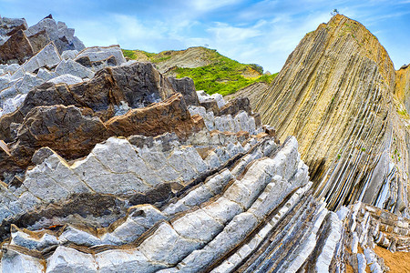 地理地质摄影照片_陡峭倾斜的 Flysch 层，西班牙巴斯克海岸联合国教科文组织世界地质公园