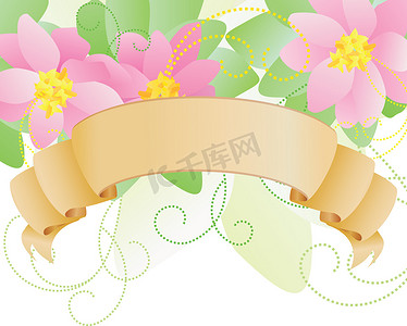 蝴蝶装饰插画摄影照片_矢量粉红色的花朵和标签卷轴春天插画