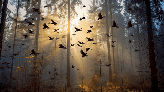 群鸟摄影照片_一群鸟在森林上空飞翔