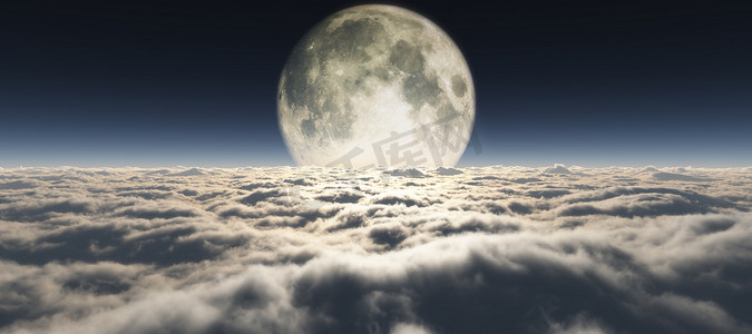 插画月亮摄影照片_云层之上满月插画