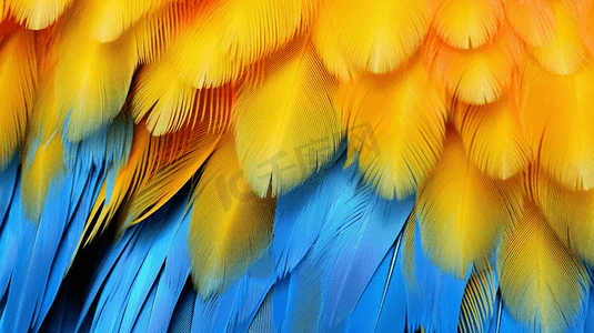 黄蓝交汇摄影照片_一只黄蓝相间的鸟羽毛的特写