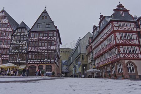 法兰克福，雪天旧城景，德国，欧洲