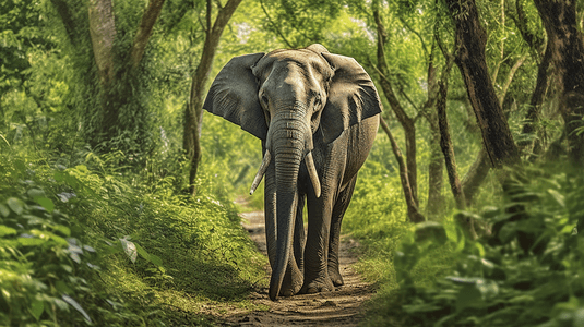 一头大象走过郁郁葱葱的绿色森林