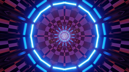 具有对称霓虹灯饰物的几何未来派室内设计 3d 插图