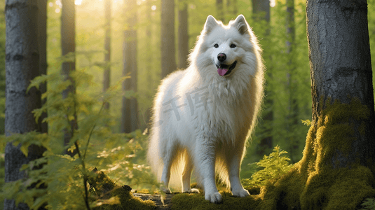 一只毛茸茸的狗站在森林里的一棵树旁