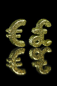 金色闪光欧元和英镑符号