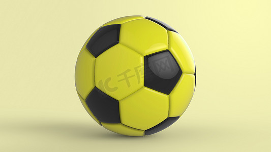 黄色足球塑料皮革金属织物球隔离在黑色背景上。