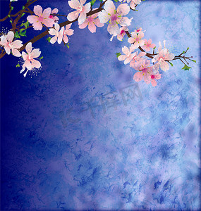 边框树枝摄影照片_粉红色的樱花树枝在深蓝色垃圾背景东