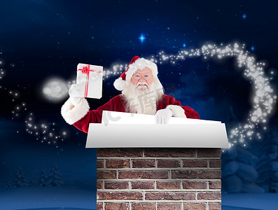 圣诞老人的合成图像在举着牌子的同时展示礼物