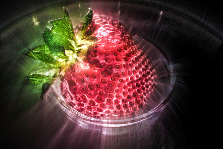绿色食物插图摄影照片_3D 插图 Kirlian 在草莓上发光，叶子在 pl