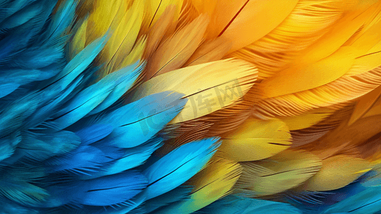 红黄蓝水彩摄影照片_一只黄蓝相间的鸟羽毛的特写