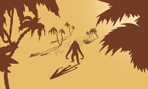 大猩猩金刚摄影照片_黄色背景下棕榈树间的矢量大猩猩