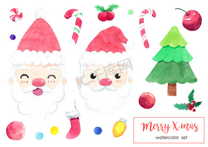 可爱的水彩圣诞物品套装：圣诞老人、杉树、球、甜食、袜子、冬青浆果、仙女灯图标。