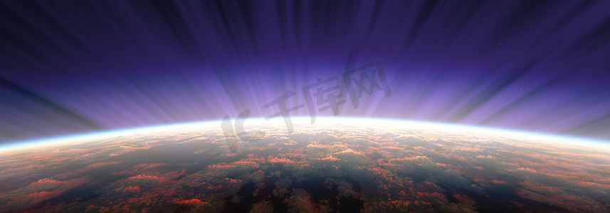 太空极光的日出，3d 渲染
