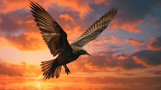日落时分，一只鸟在天空中飞翔
