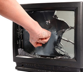 碎裂的屏幕摄影照片_男人的手压碎电视屏幕