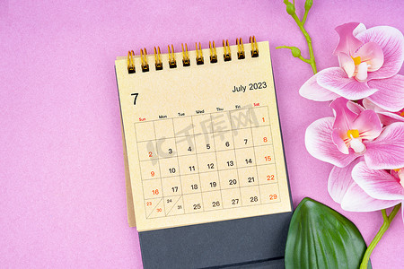 2023 年 7 月的日历桌和粉色背景的粉色兰花。