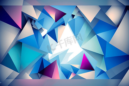 白色、蓝色、紫色几何三角形抽象背景图。