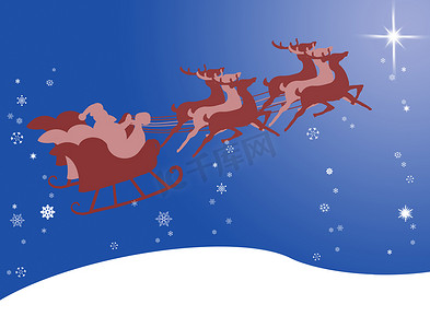 圣诞老人在他的雪橇上带着明亮的星星和雪