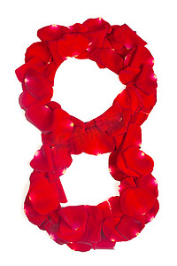 数字 8 由白色的红色花瓣玫瑰制成