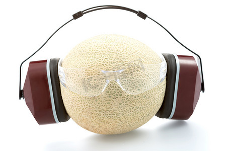 耳机中的甜瓜和安全眼镜
