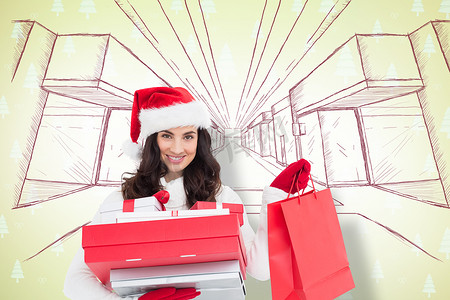 节日黑发女郎拿着圣诞礼物和购物袋的合成图像